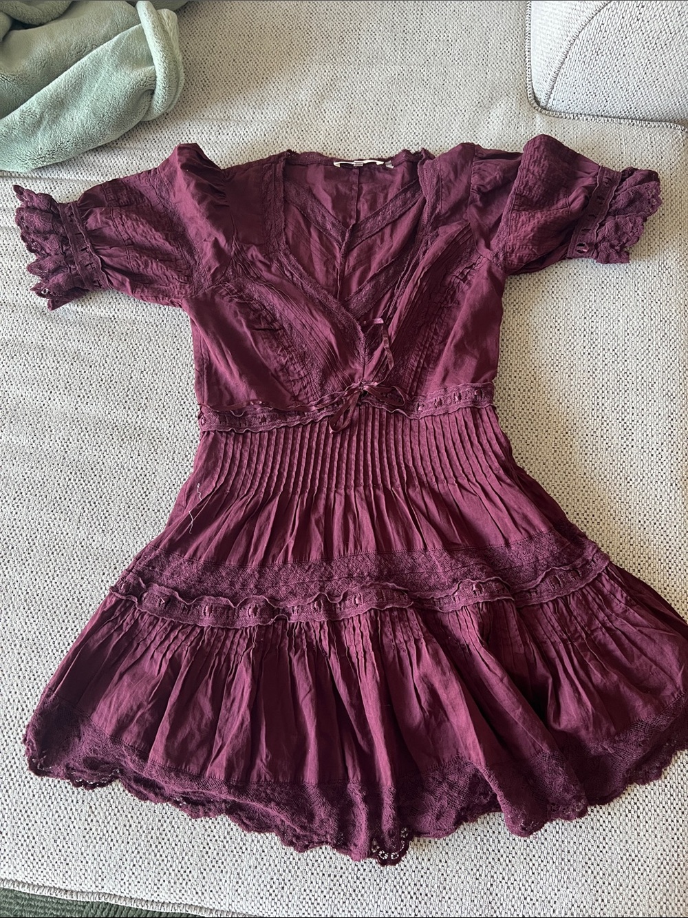 LoveShackFancy Burgundy Tiered V-Neck Mini Dress
